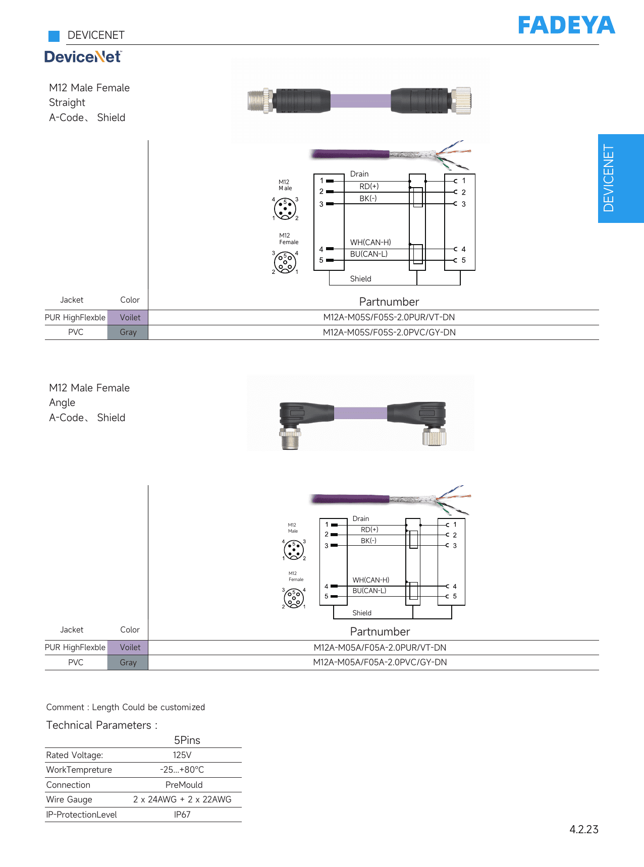 DeviceNet M12 A-Code Double-Ended Cable (Male–Female, Shielded) datasheet