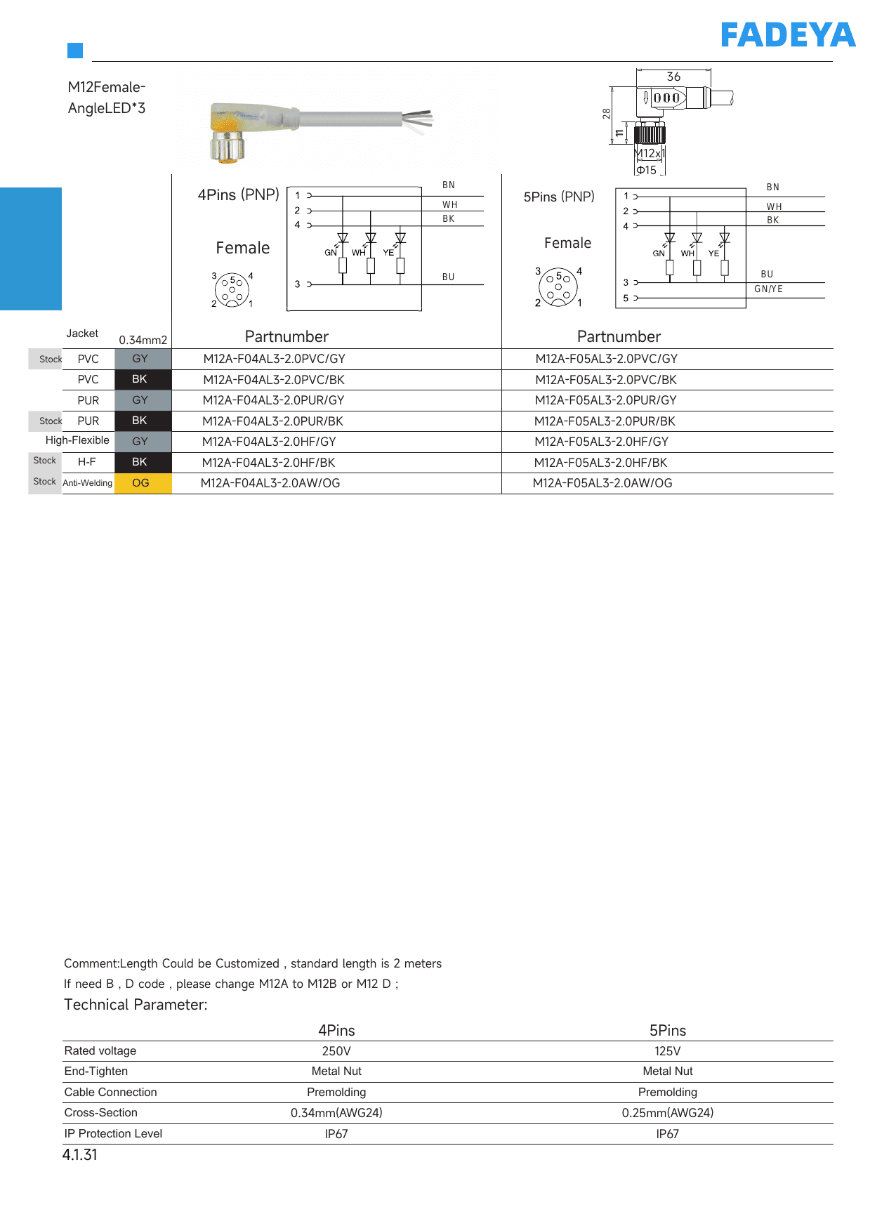 M12 LED Cordset — Female Angle (LED×3) datasheet