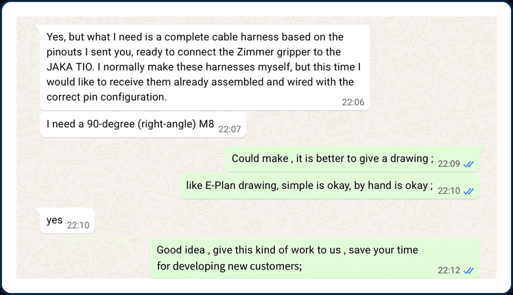 Custom cable harness service conversation