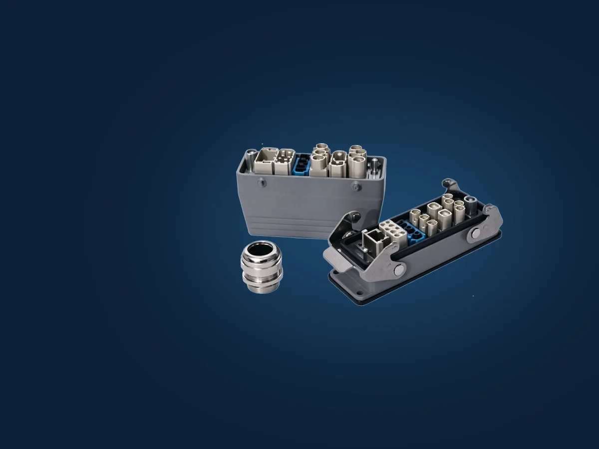 Heavy-duty connector hoods, housings and inserts with a cable gland