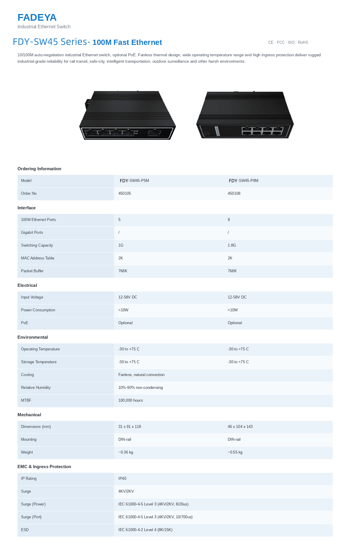 FDY-SW45 Series · 100M Fast Ethernet datasheet
