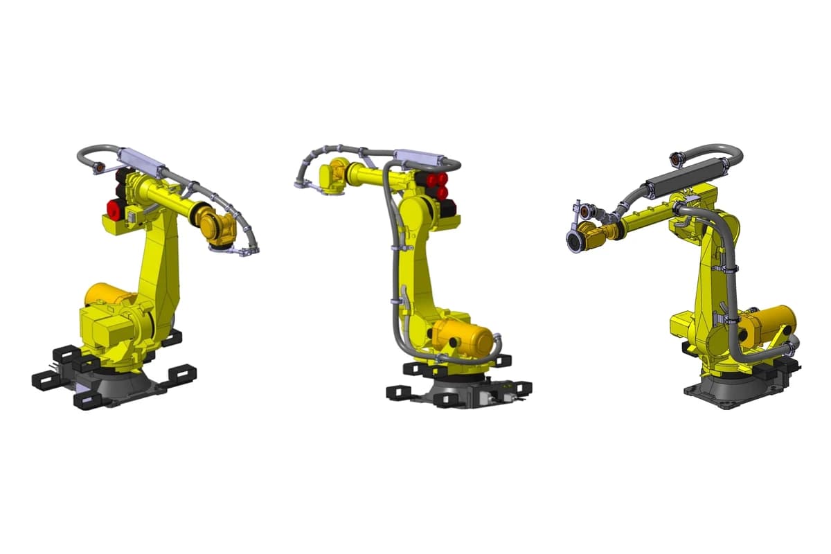 Six-axis industrial robots with dresspacks routed on the upper arm and from the base