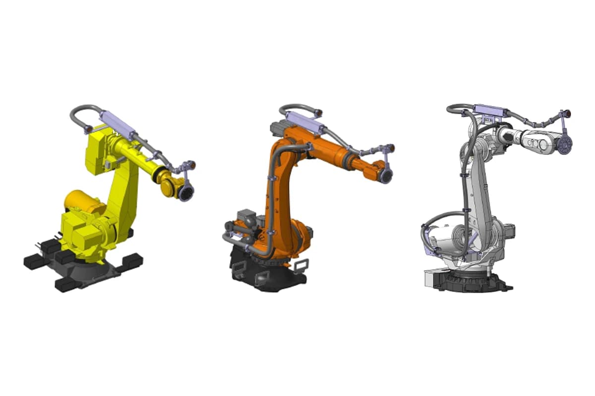 FANUC, KUKA and ABB heavy-payload six-axis robots, each fitted with a robot dresspack