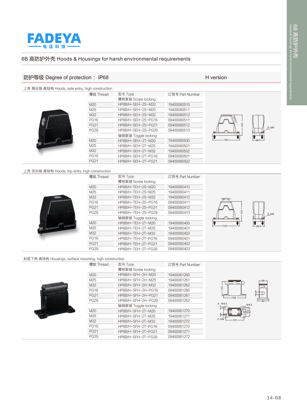 6B High-Protection Hoods & Housings — Side & Top Entry, Surface Mount · 2-Bolt Screw-Lock · High Construction (IP68)