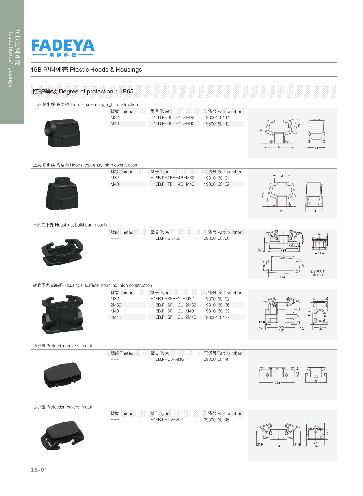 16B Plastic Hoods & Housings — Side & Top Entry, Bulkhead & Surface Mount · 4-Bolt / 2-Lever · High Construction (IP65)