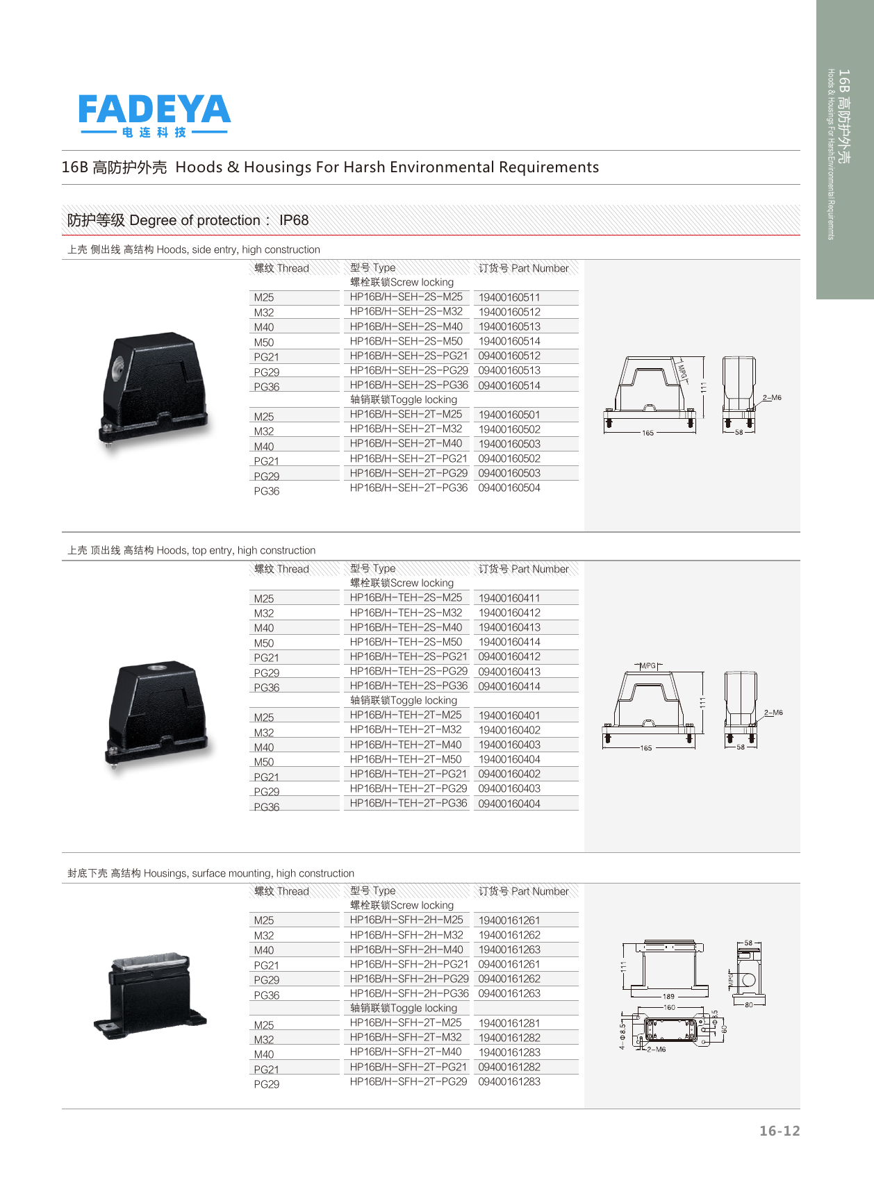 16B High-Protection Hoods & Housings — Side & Top Entry, Surface Mount · 2-Bolt Screw-Lock · High Construction (IP68)