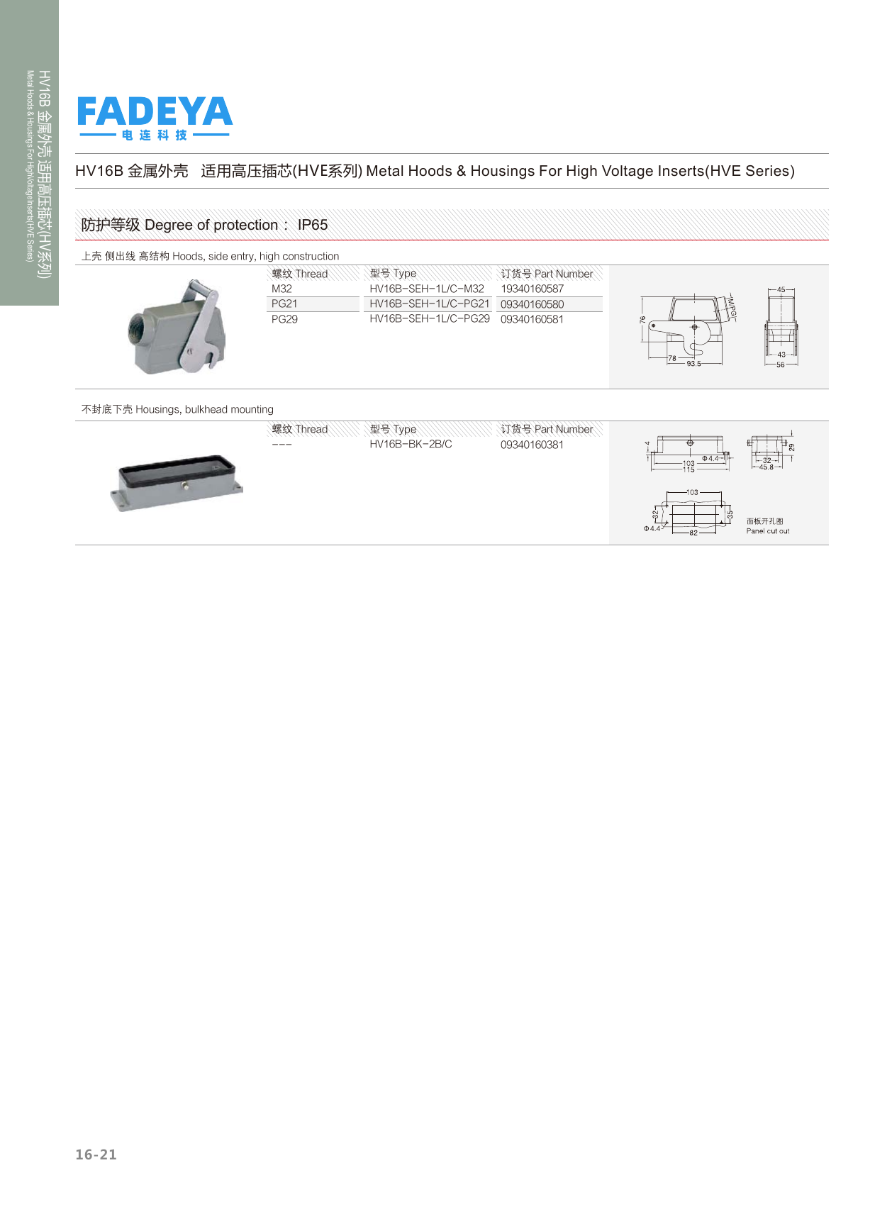 16B High-Voltage (HVE) Hoods & Housings — Side Entry, Bulkhead Mount · 1-Lever / 2-Bolt · High Construction (IP65)