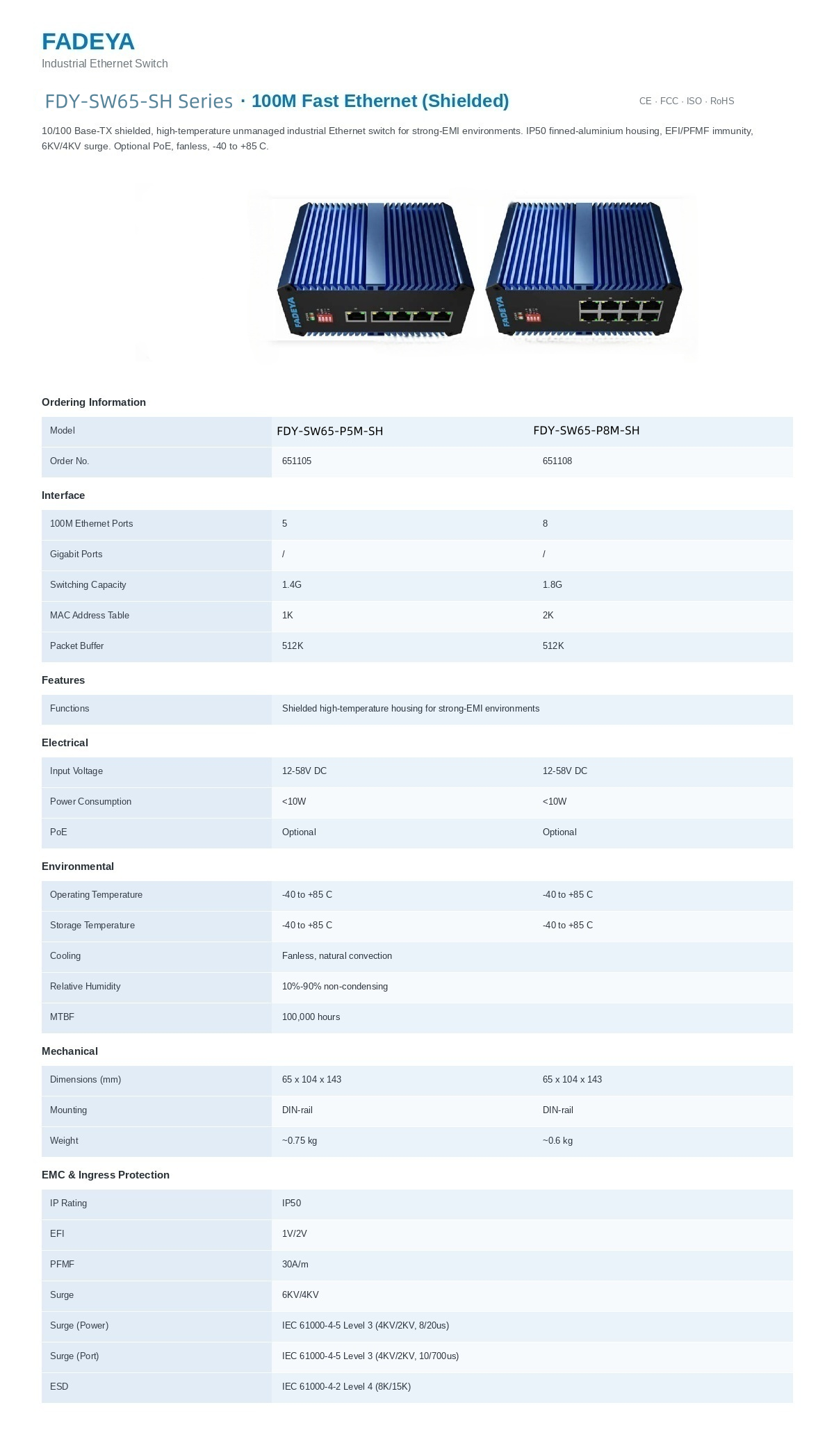 FDY-SW65-SH Series · 100M Fast Ethernet (Shielded)
