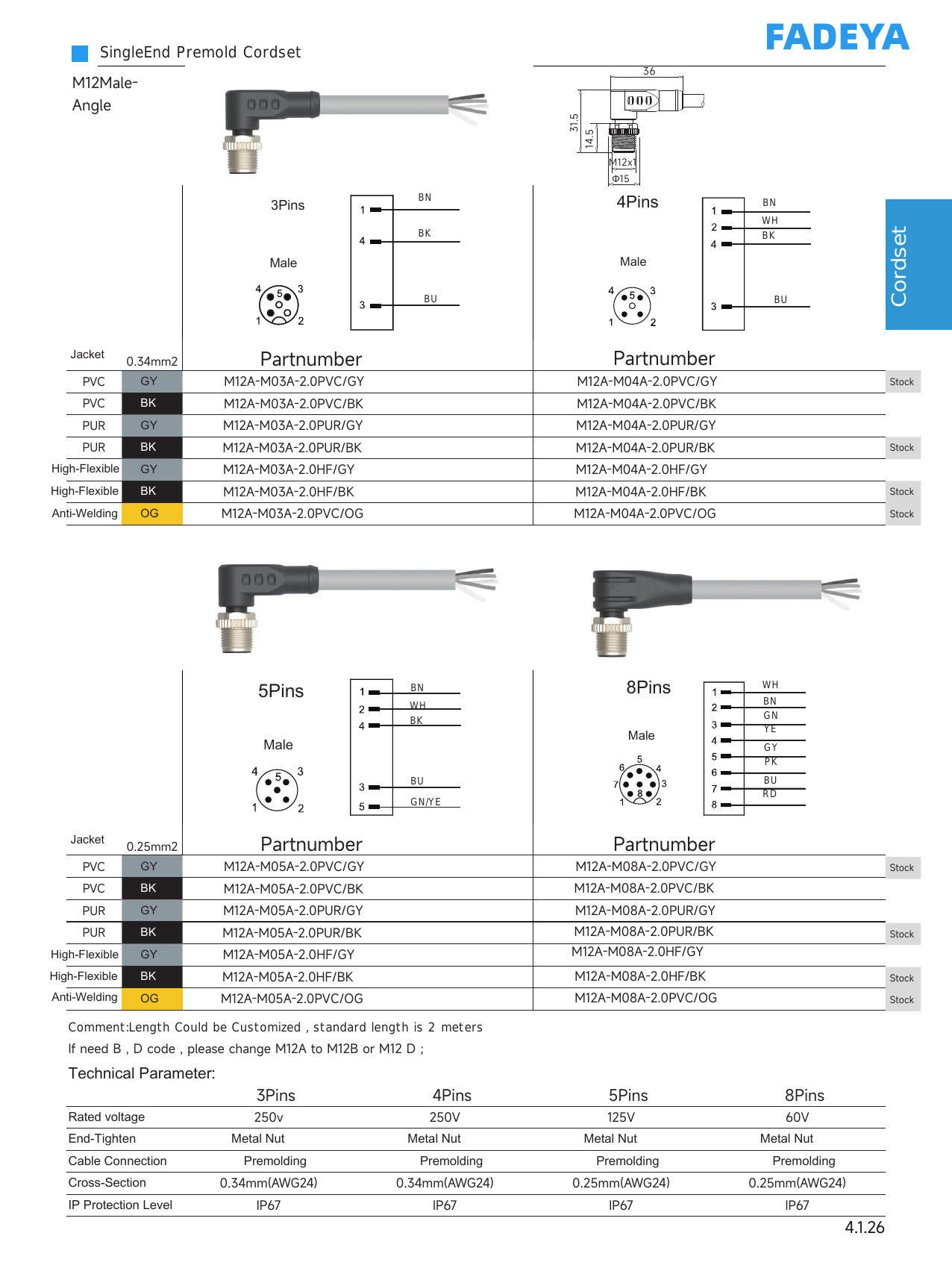 M12 Single-Ended Cordset — Male Angle