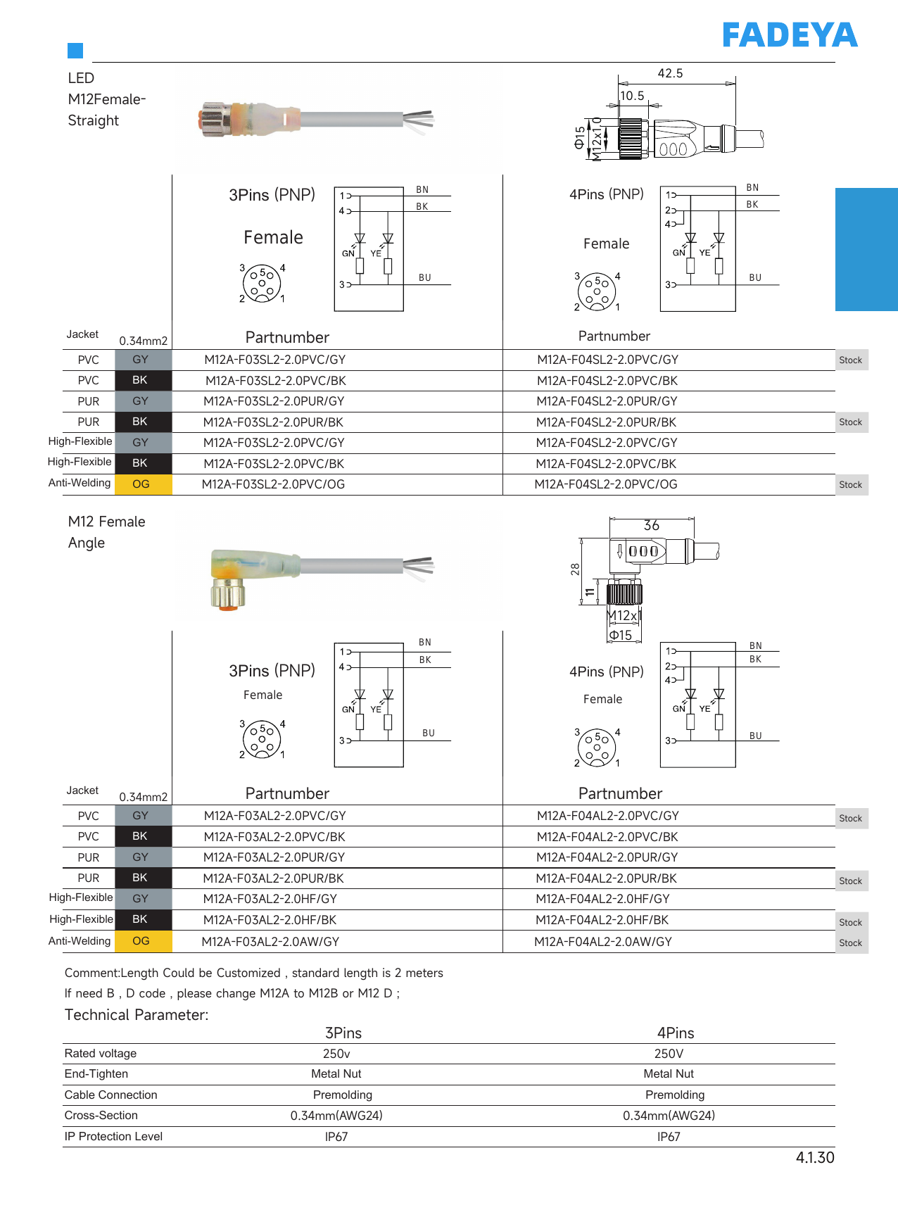 M12 LED Cordset — Female (PNP, LED×2)