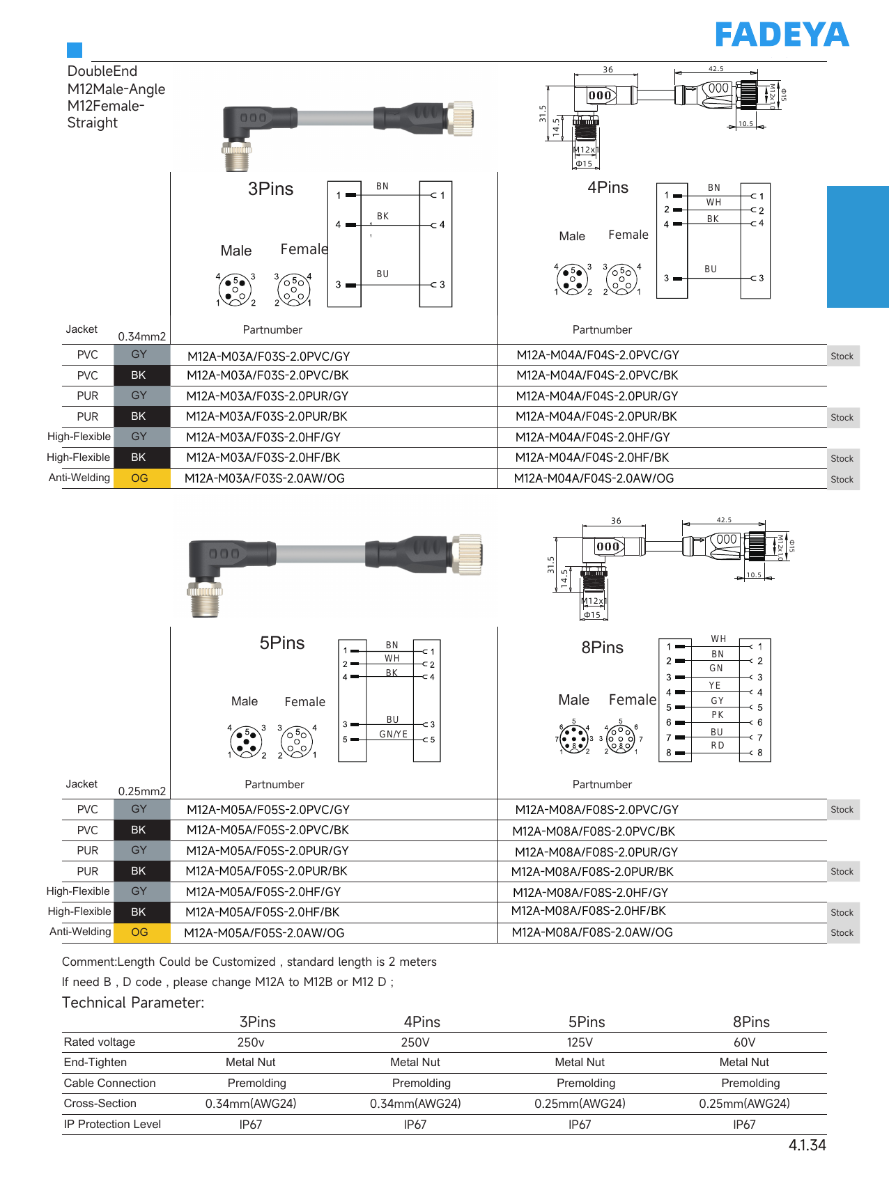 M12 Double-Ended Cordset — Male Angle / Female Straight