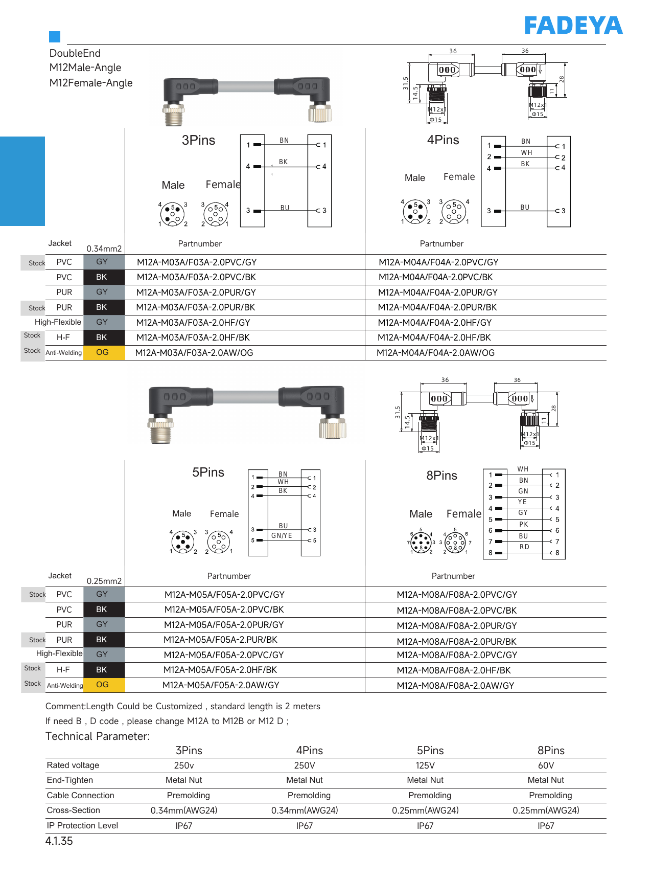 M12 Double-Ended Cordset — Male Angle / Female Angle