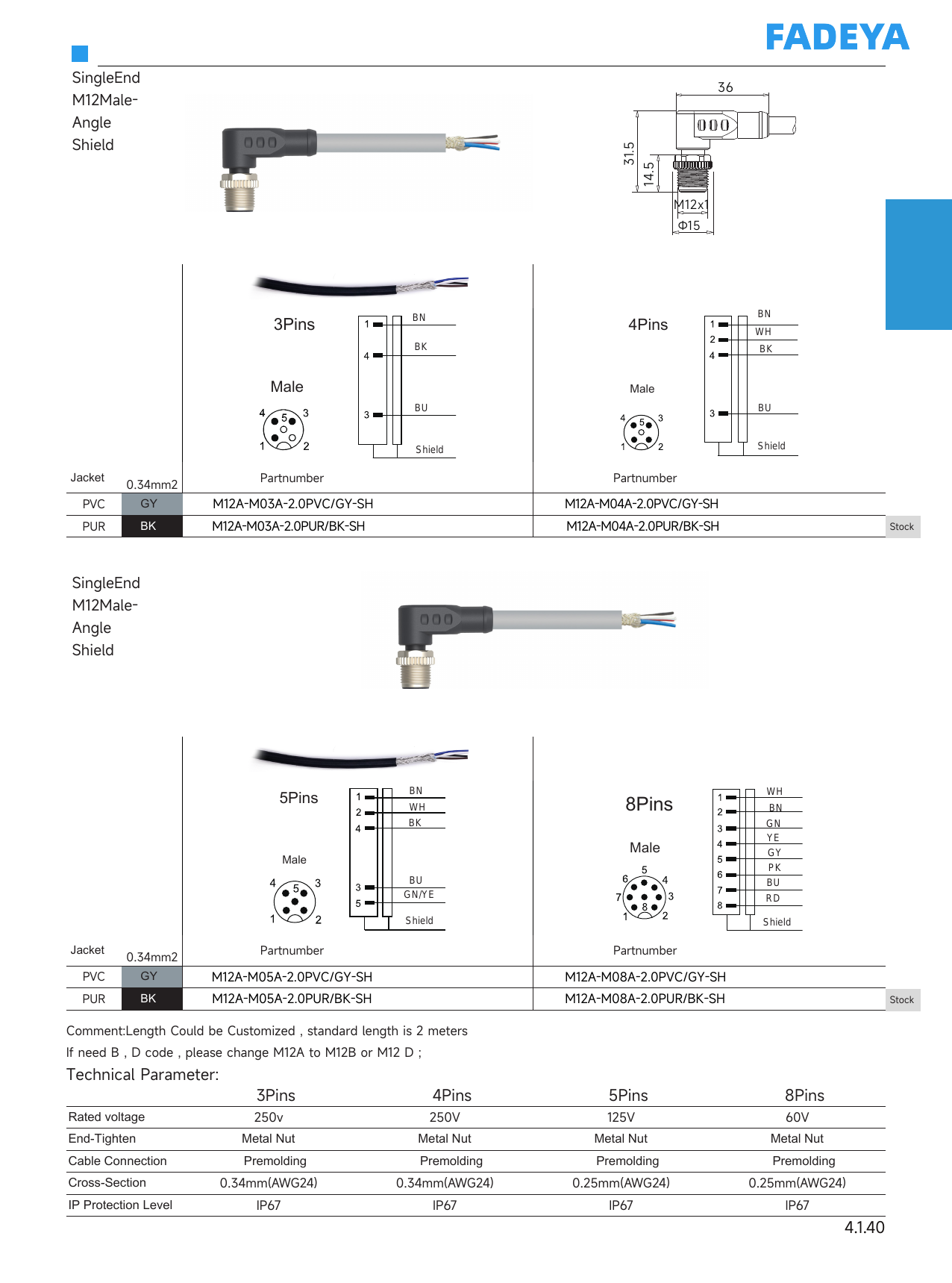 M12 Single-Ended Shielded Cordset — Male Angle